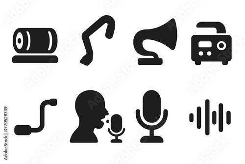 Retro Recorder Icons. Solid style icons of Retro Voice Recorder: Wax Cylinder, Stylus, Mouthpiece, Dictaphone, Crank, Recording,