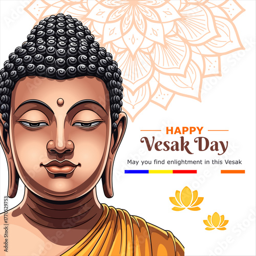 Vesak Day Flyer: Happy Greeting with Buddha Face Close-up, Golden Lotus, Serene Expression, Enlightenment Message - Happy Vesak Poya Day