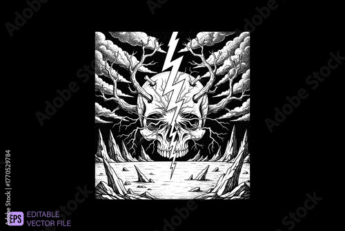 Skull with Antlers and Lightning Bolt in a Stormy Landscape.