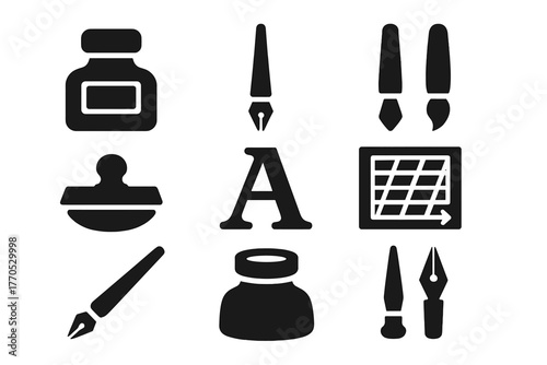 Calligraphy Tools Icons. Solid style icons of Calligraphy Tools: ink bottle, dip pen, brush tip, blotting paper, letterform,
