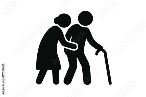 Single black solid icon showing two senior people walking hand in hand, representing community, longevity, and compassion, ideal for social design and awareness projects.