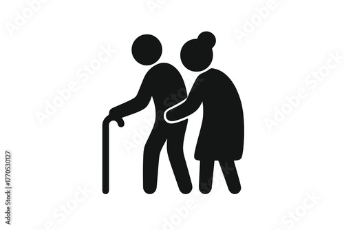 Black glyph vector icon of an elderly couple walking together, one with a cane, symbolizing companionship, aging, and social care, perfect for family and healthcare visuals.