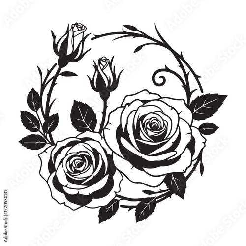 Circular Elegant black and white rose wreath with buds and twigs.