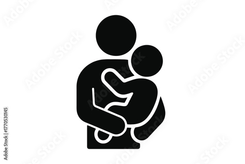 Single black solid icon showing a father embracing his baby, ideal for family relationships, fatherhood design, and emotional social illustrations.