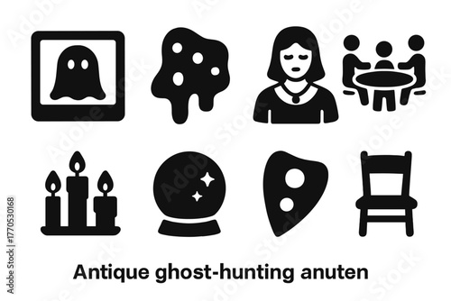 Antique Ghost Hunting Icons. Solid style icons of Antique Ghost Hunting: Spirit Photograph, Ectoplasm, Medium, Séance, Candles,