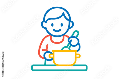 Colorful thin line vector icon of a preschool child cooking at a table, stirring a pot with a spoon, drawn in autism theme colors, perfect for inclusive education and school visuals.