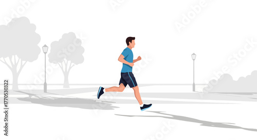 Animated Man Running in Park Setting for Fitness, Health and Well-being, Suitable for Health Apps, Sports Websites, and Exercise Program Advertisements