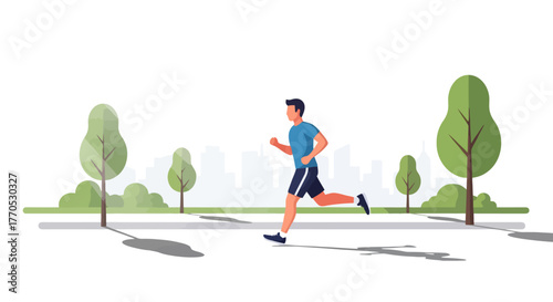 Active lifestyle illustration featuring a man jogging in a park, ideal for promoting health, fitness, and outdoor activities, in digital advertising and wellness campaigns