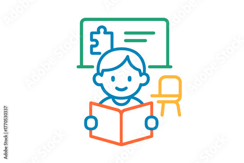 Single vector icon showing a child reading with bright autism colors, ideal for kindergarten, literacy programs, and autism awareness visuals.