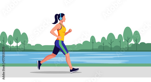 Woman jogging in a park with headphones on a sunny day, showcasing a healthy lifestyle and outdoor fitness activities for wellness and exercise promotions.