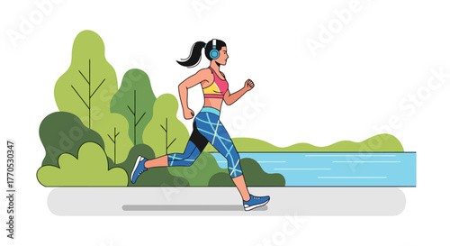 Energetic Woman Jogging in Green Park, Listening to Music, Promoting a Healthy Lifestyle and Fitness Activities in Urban and Natural Environments.