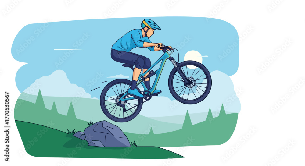 Naklejka premium Energetic Mountain Biker Jumping Over Rock on Scenic Trail, Perfect for Outdoor Adventure Campaigns and Fitness Promotion.