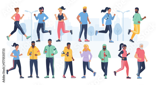 Diverse Group of People Jogging Outdoors for Fitness and Health. Ideal for promoting wellness programs, sports events, or healthy lifestyle campaigns.