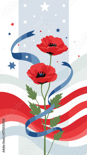 Red Poppies with American Flag Ribbon Veterans Day Design