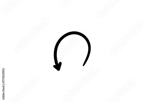 Hand-drawn curved arrow pointing downward, representing return, loop, or redirection, in a simple black line style on a clean white background.