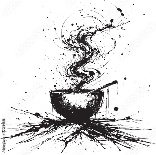 Abstract ink drawing of a bowl with swirling contents on white b