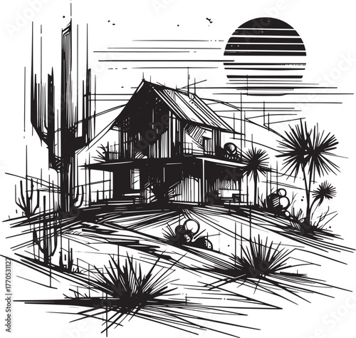 Minimalist line art of a Desert Home with cacti and sunset illus