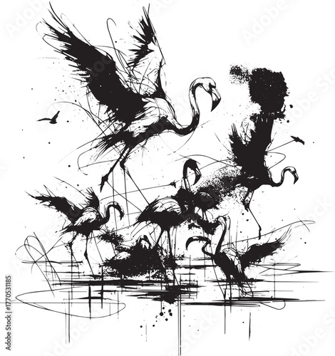 Monochrome flamingo chaos: An abstract depiction of a flock in m