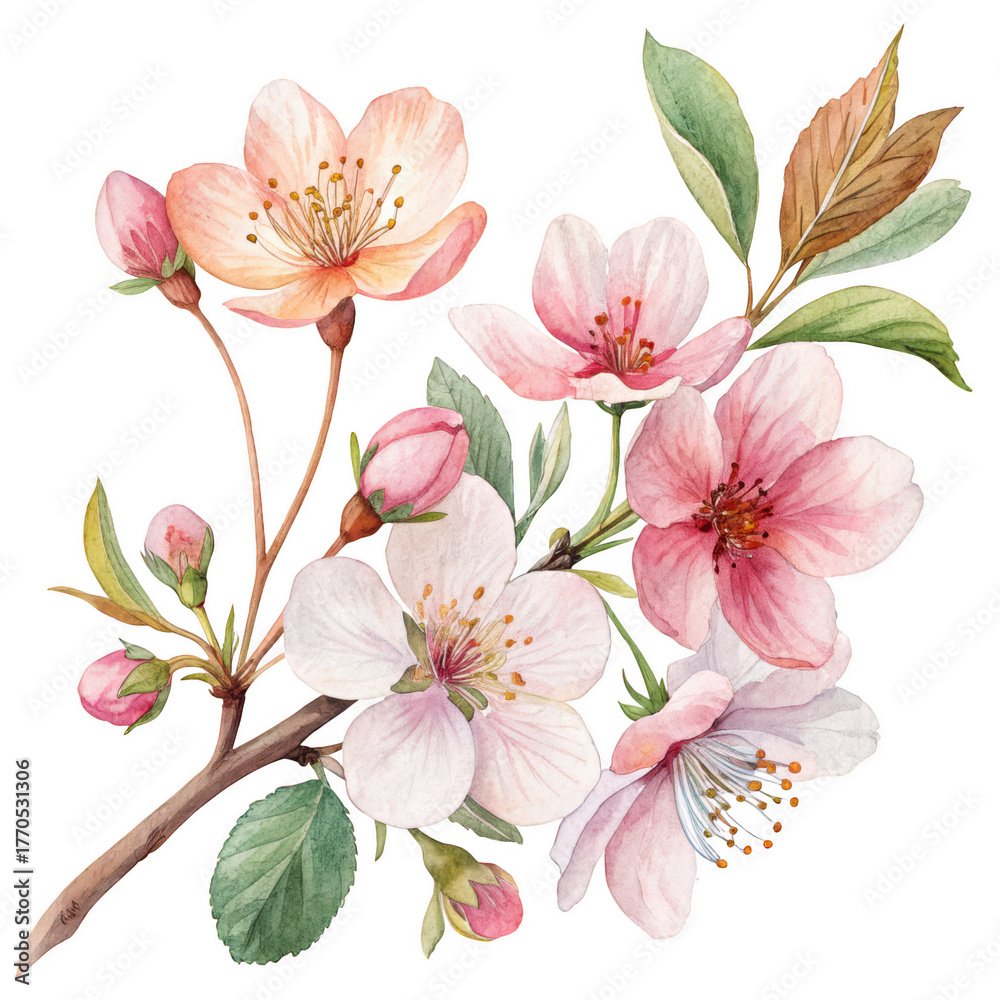 Obraz premium A vibrant arrangement of pink and white cherry blossom flowers with green leaves, showcasing their delicate beauty and intricate details.