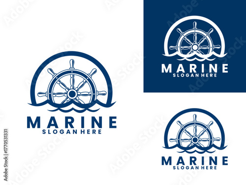 Marine with ship steering wheel and circle logo design vector template