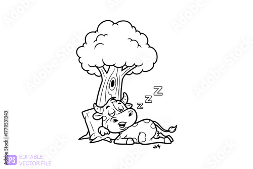 Cute cartoon cow sleeping peacefully under a tree in a black and