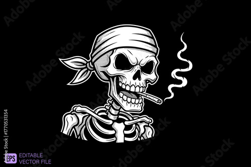 Smoking Skeleton with Bandana Black and White Illustration.