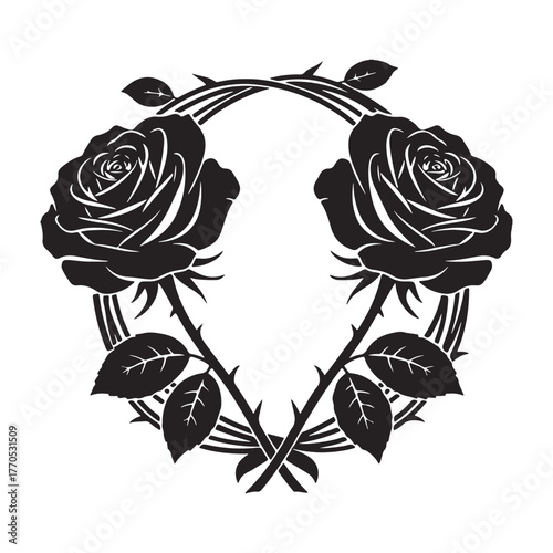 Dark gothic roses entwined in a circular wreath with thorns and leaves.
