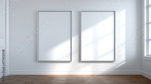 Two blank white posters hanging on a white wall in a room with wooden floorboards