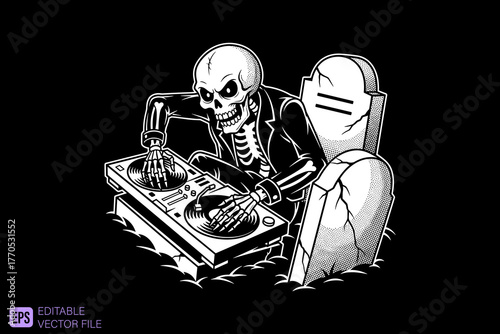 Skeleton DJ Mixing Music at a Graveyard Party.