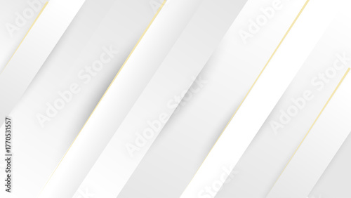 Minimal White and Gray Abstract Background with Gold Line. Clean Geometric Paper Layers with Diagonal Lines & Soft Shadows. Modern Corporate Presentation, Business Design, Elegant Origami Texture.