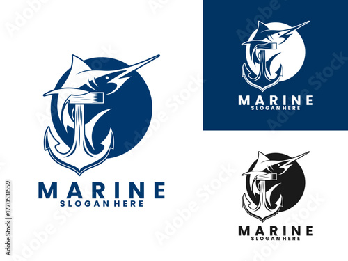 anchor with tuna fish abstract illustration logo design vector template