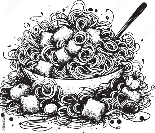 Expressive abstract ink drawing of spaghetti and meatballs dish