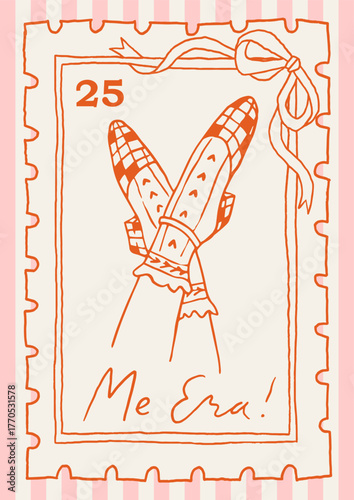 Valentines postage stamp print with cute female foot in shoes. Cute Valentines day card, poster trendy whimsical line art design. Fun red and pink wall art decoration. Vector love letters illustration