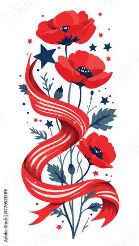 Red Poppies with American Flag Ribbon Veterans Day Design