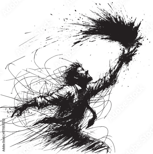 Energetic monochrome ink drawing of a man celebrating with explo