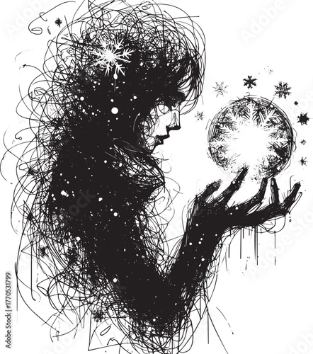 Abstract winter concept with person holding a sphere of snowflak