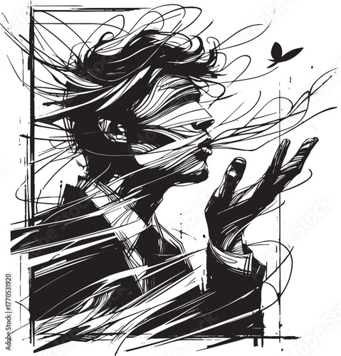 Monochrome sketch of stylized man sending a kiss, abstract expre