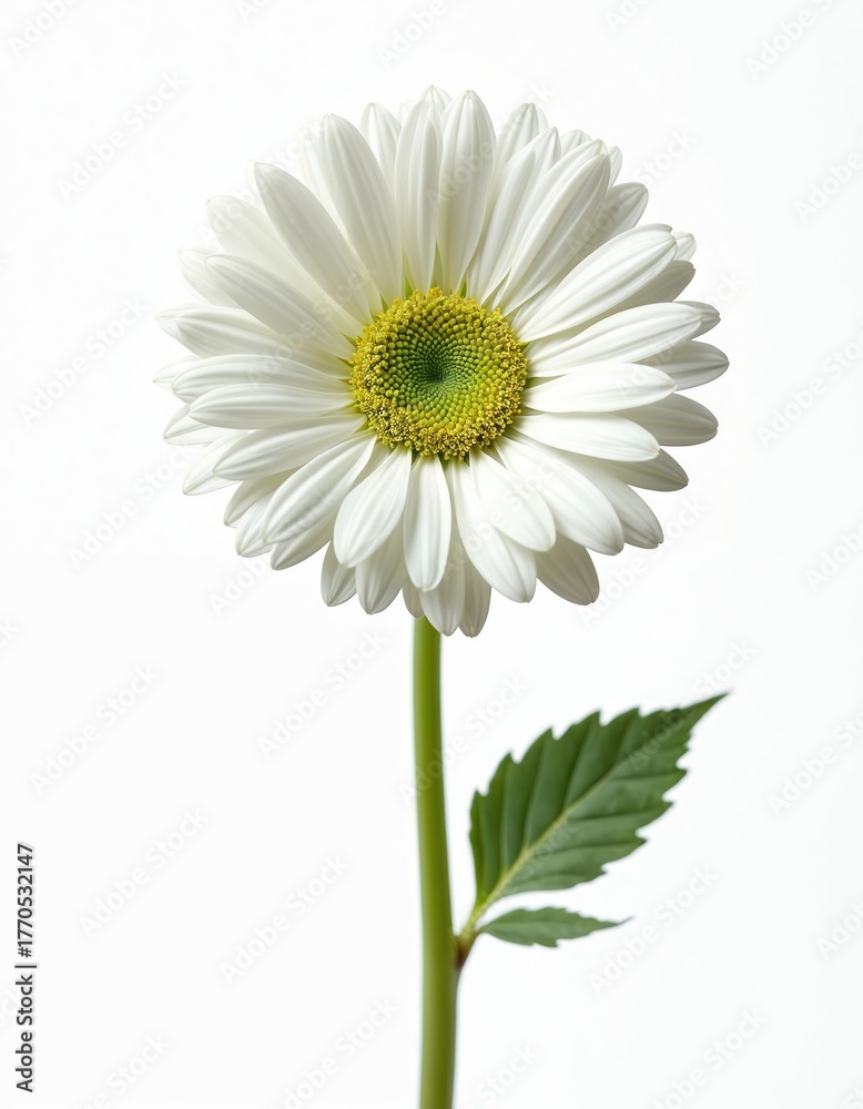 Fototapeta premium One white gerbera daisy on white. Single flower with stem and leaf. Floral design element for greeting card, web, or print. Studio photo of spring bloom.