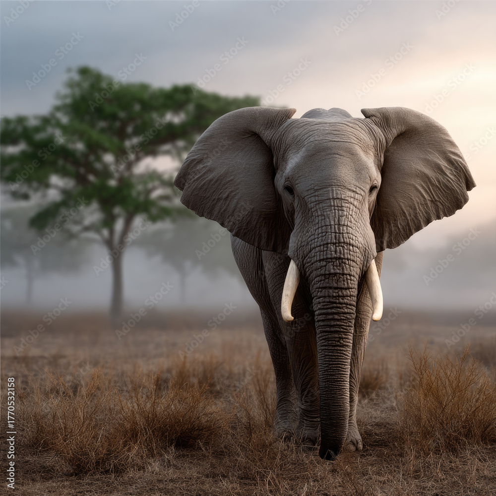 Fototapeta premium Majestic elephant standing on dry grassland with large tusks, tree in background, misty morning atmosphere, calm and powerful