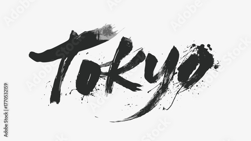 Tokyo hand painted brush lettering in japanese calligraphy style with ink splashes