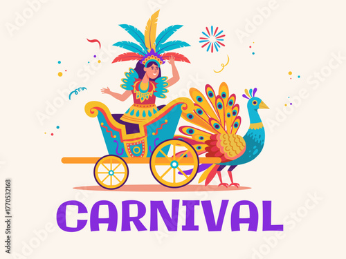 Brazilian woman dancing at carnival. Colorful festival celebration with feathers, samba costume, and festive atmosphere. Vector illustration for holiday greeting cards, posters, and invitations.