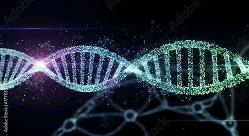 Abstract glowing dna helix with futuristic digital particles and connections
