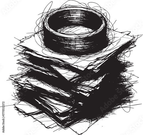Abstract sketch of coiled band resting atop a haphazard pile of