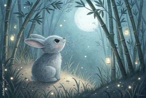 A cute silver bunny rabbit exploring a bamboo forest at night