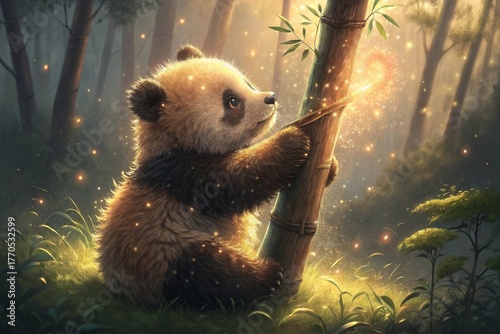 A fluffy panda cub hugging bamboo in a sunlit forest