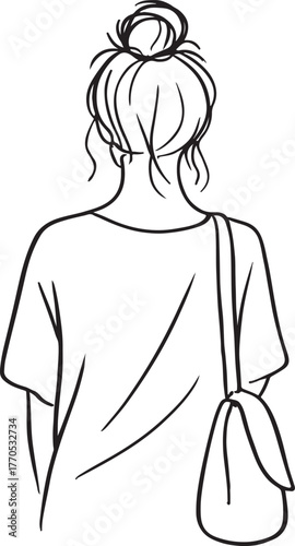 elegant depiction of a woman viewed from behind, her messy bun and shoulder bag captured with flowing, expressive lines