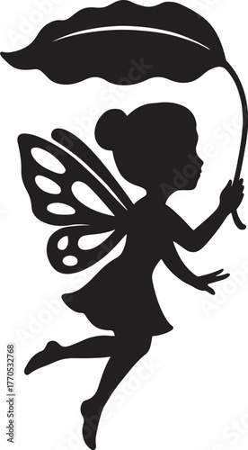 a delicate butterfly fairy gracefully holding a large leaf overhead as a charming umbrella.