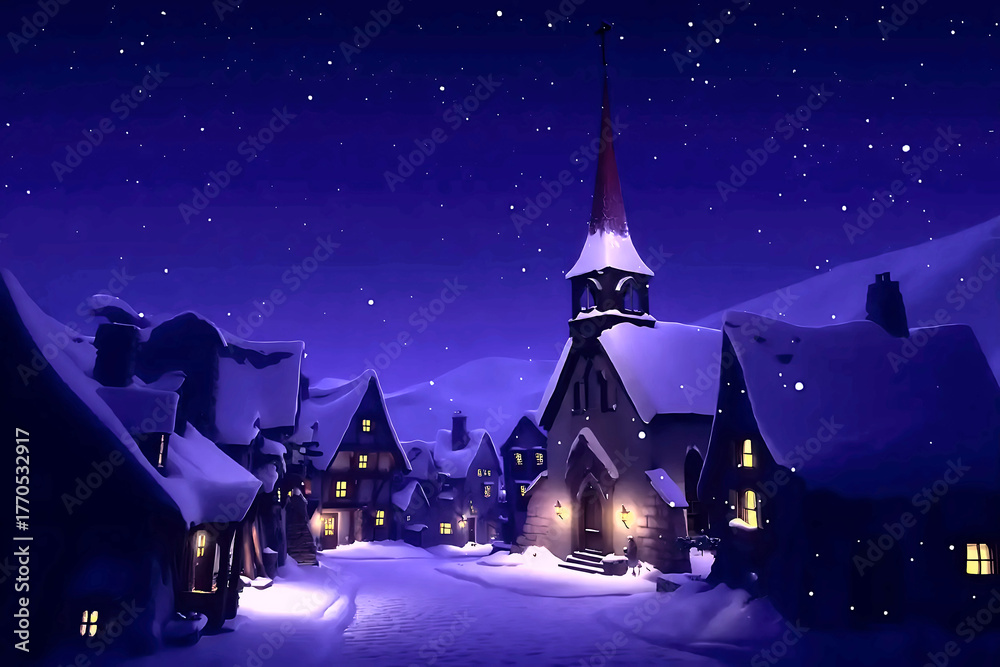 Fototapeta premium Peaceful snowy village on Christmas night with cozy warm windows, atmospheric winter landscape and festive holiday mood.