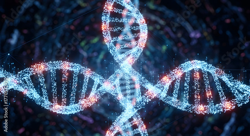 Abstract glowing dna helix structure with digital particles and light effects