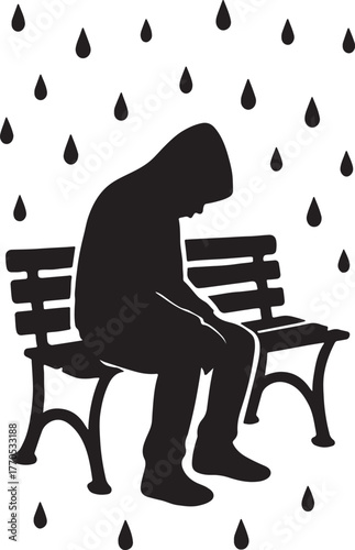  a person wearing a hood sitting alone on a park bench in the rain silhouette vector